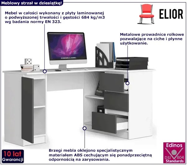 Prawostronne biurko narożne biały + grafit N5-B65
