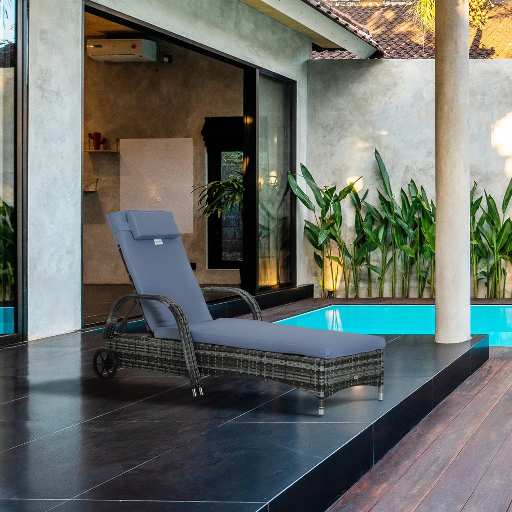 Outsunny leżak ogrodowy, leżak rattanowy, leżak do opalania, rattan polietylenowy+metal, kolor szary, 200x73x30-103cm