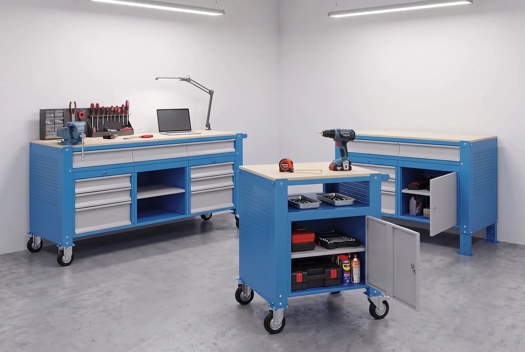 Mobilny stół warsztatowy G9, 12 szuflad, 1690 x 595 x 865-1130 mm, szary/niebieski
