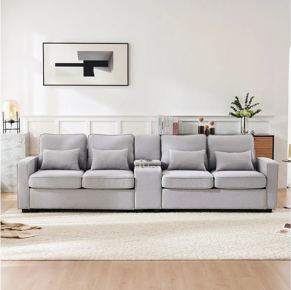 4 -Seater Sofa w tkaninie lnianej - z 4 poduszkami 2 porty USB i uchwyt na kubek - kieszenie podłokietnikowe - 290x83x88cm, szary