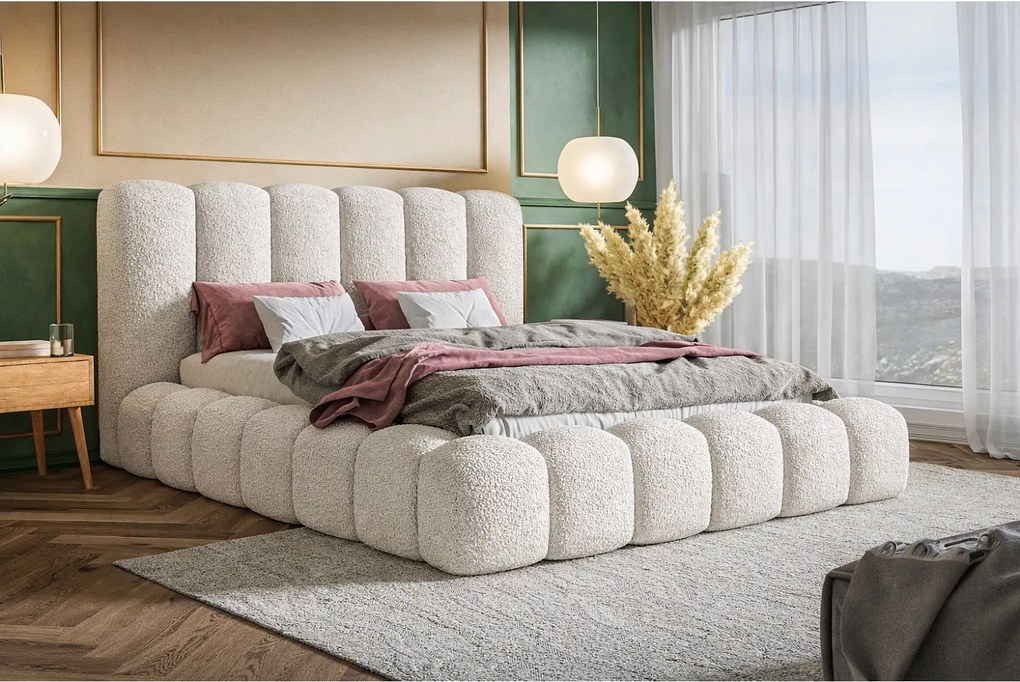 Łóżko tapicerowane 160x200 Madeno - gruba pianka, pojemnik, stelaż metalowy - tkanina boucle, kremowy (Catch Me 1)