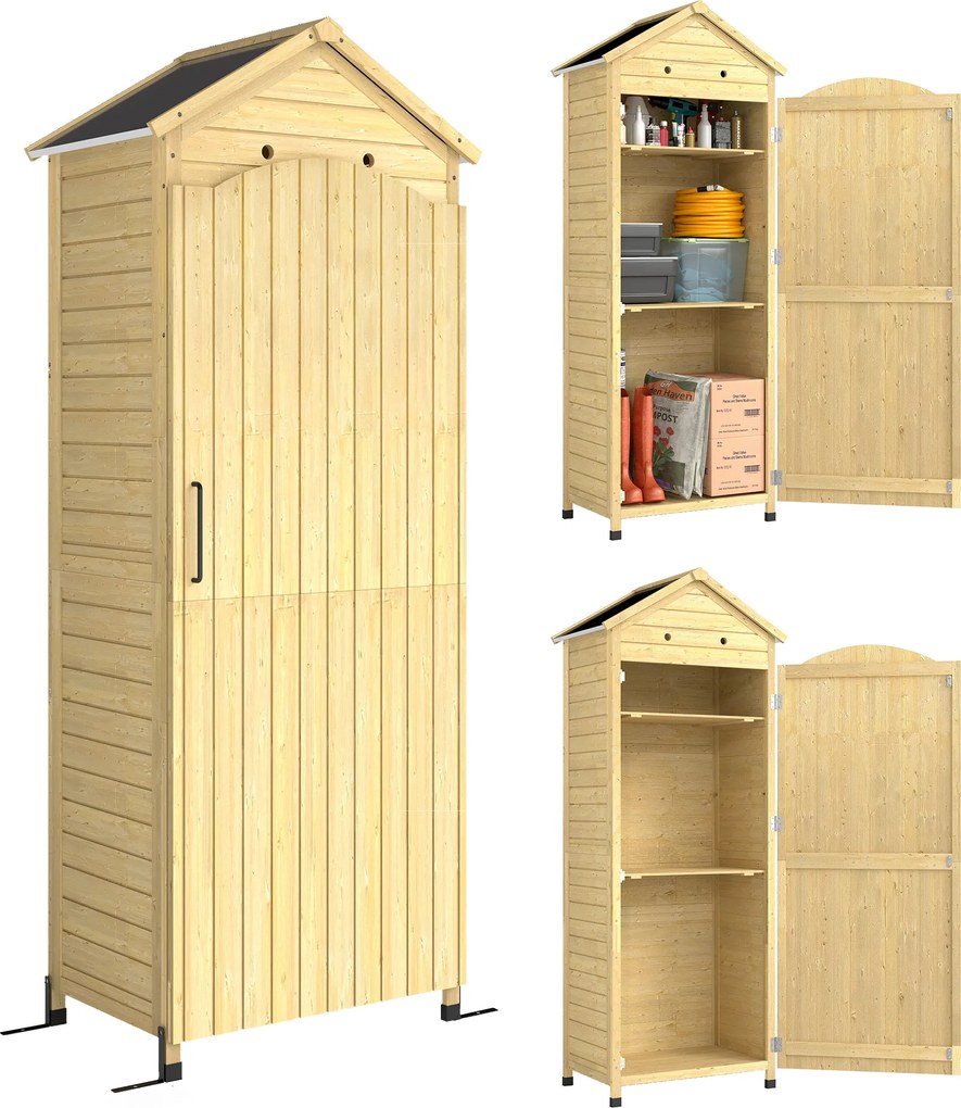 Outsunny Wysoki drewniany schowek na narzędzia z regulowanymi półkami, magnetycznymi drzwiami, galwanizowanym dachem i wentylacją | Aosom PL