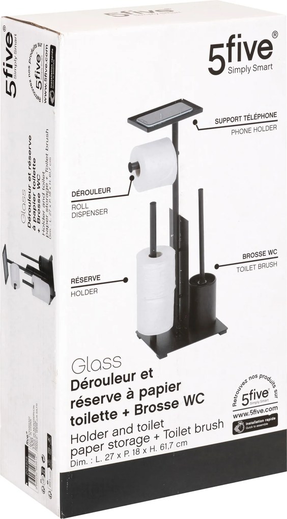 Stojak na papier toaletowy GAMME GLASS + rezerwa, szczotka WC i półeczka, 28,1 x 18 x 61,5 cm