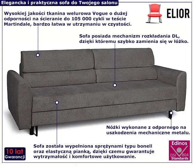 Grafitowa welurowa sofa z funkcją spania Pios 3X