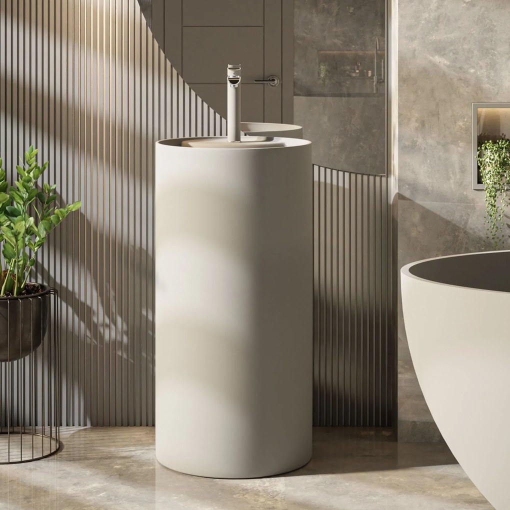 Zestaw KALMI z konglomeratu w kolorze szarym matowym wanna wolnostojąca i umywalka wolnostojąca z konglomeratu