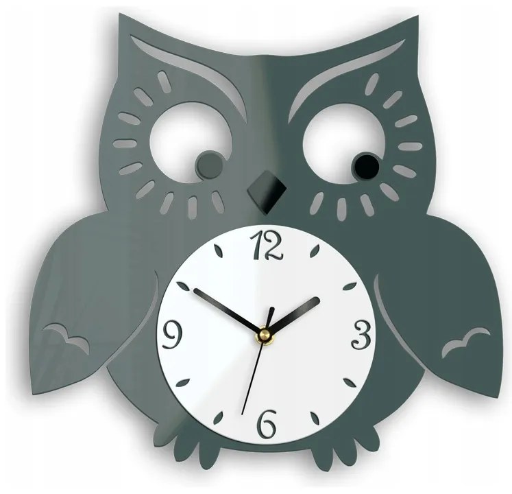 Zegar ścienny akrylowy do pokoju dziecięcego sowa szary cichy mechanizm