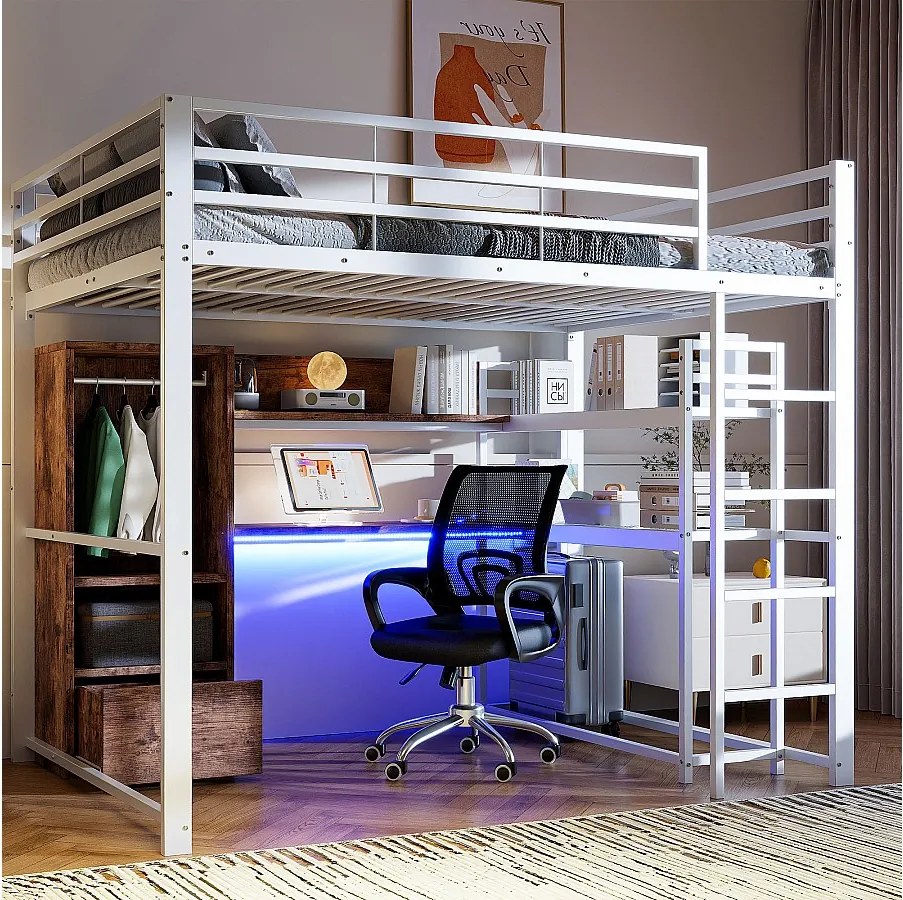 Łóżko piętrowe dla dzieci - 140 x 200 cm - z szafą + oświetlenie LED + biurko + 1 szuflada - płyta MDF + metal - białe