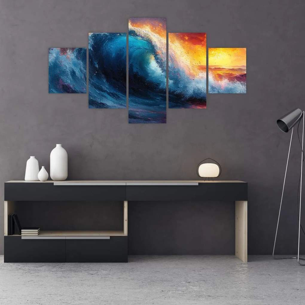 Obraz - Fala o zachodzie słońca (125x70 cm)