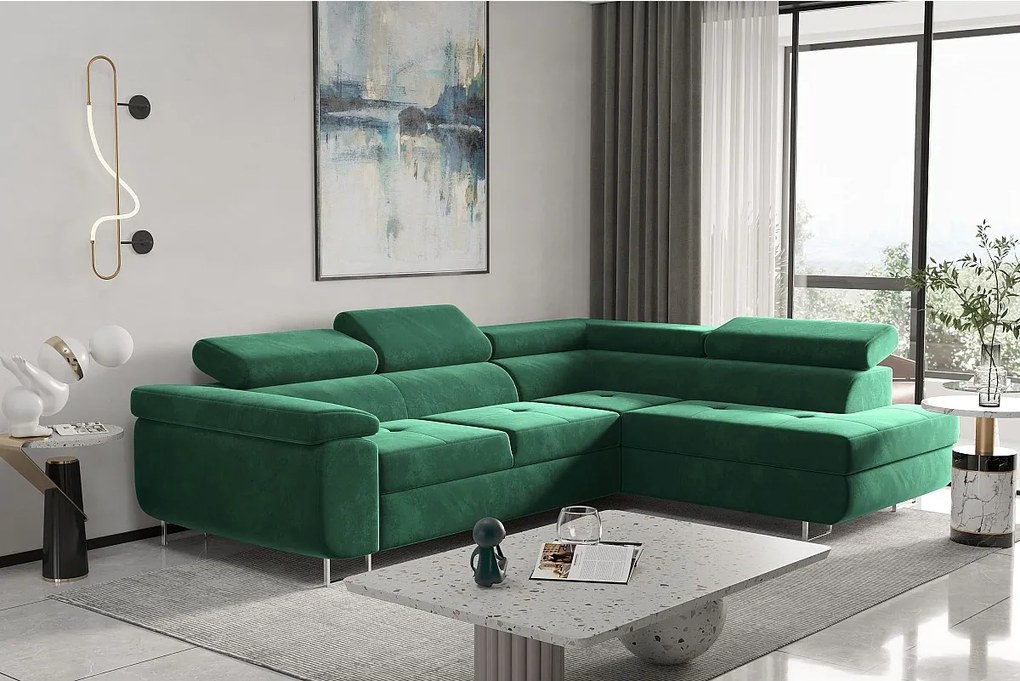 Narożnik z funkcją spania w kształcie L ATOM, tkanina Monolith, Zielony, Prawy