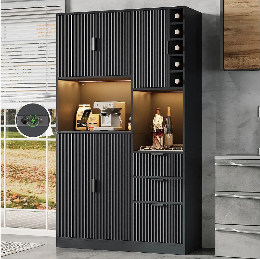 Nowoczesna komoda kuchenna - 105 x 40 x 180 cm - z półkami + 3 szufladami + stojakiem na wino + diodami LED + drzwiami - MDF - czarna