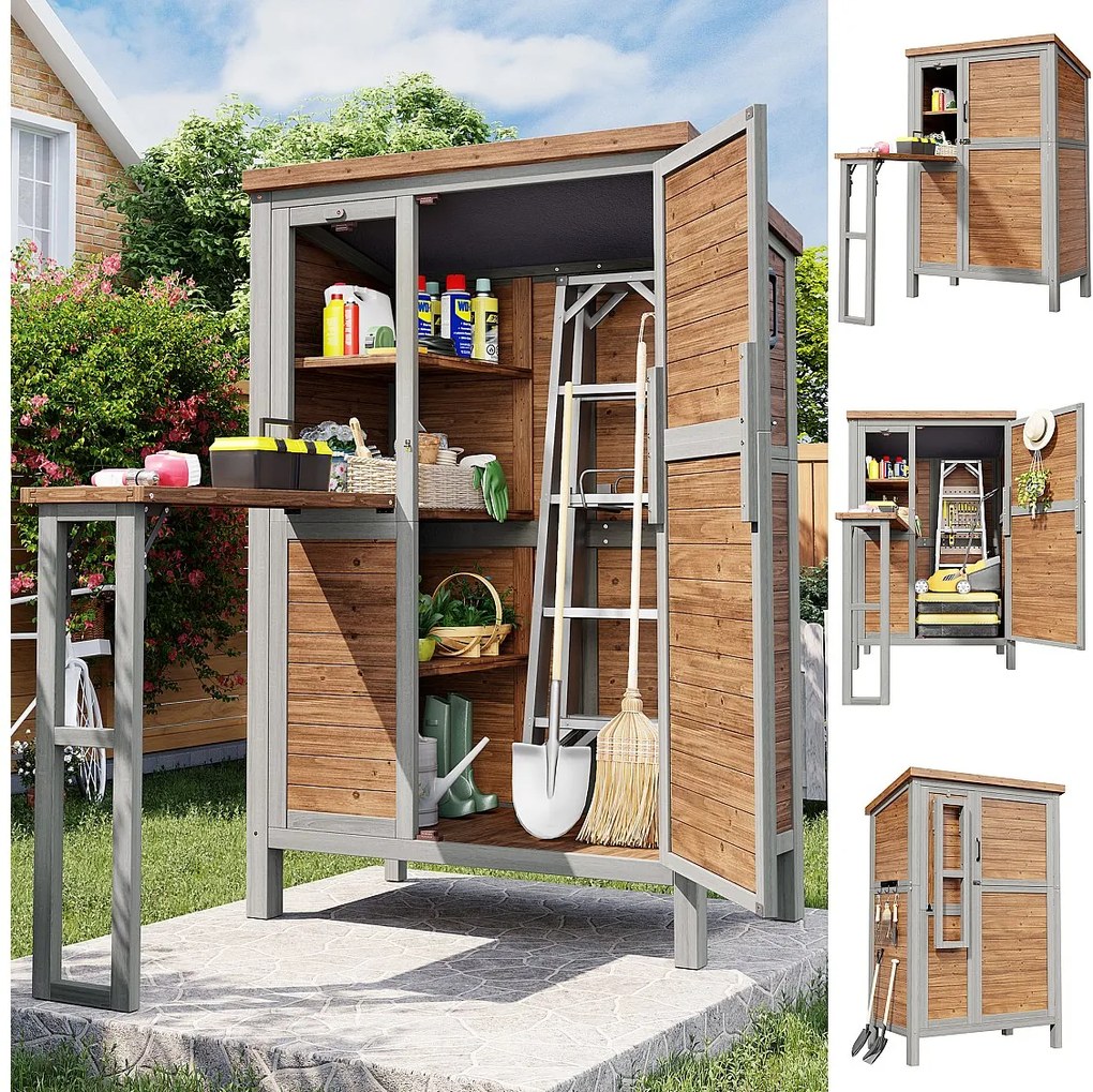 Szafka ogrodowa z rozkładanym blatem - 86 x 51,8 x 160 cm - z półkami i wieszakami - metal i drewno - naturalny