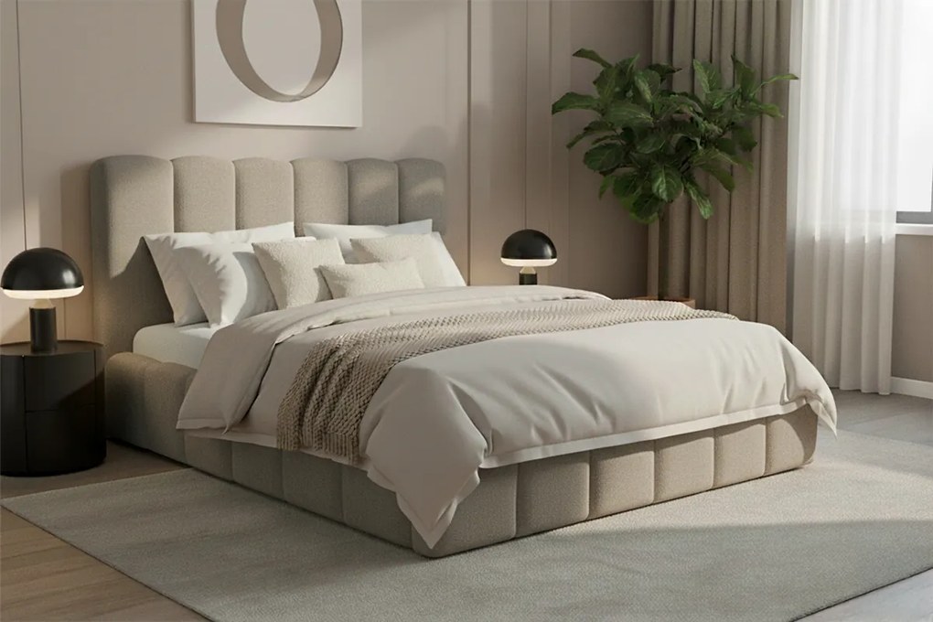 Łóżko tapicerowane Aura 180x200 z pojemnikiem - beżowa bukla Quelle 05