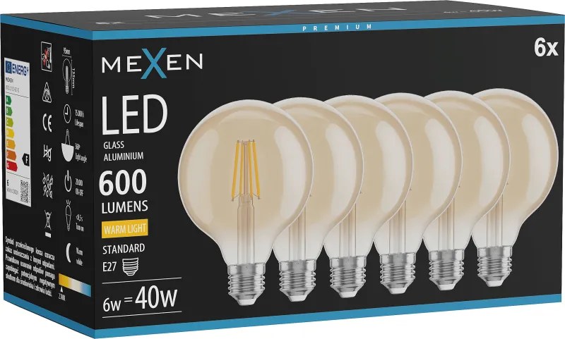Mexen Vintis 6x żarówka filament LED E27, G95, 6W, Ciepła - 2700K, 600 lm, amber - L157-E27-0627-50x06