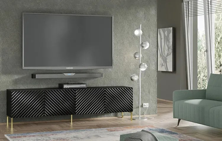 Szafka na TV stojąca czarny połysk + złote nóżki G4-K43