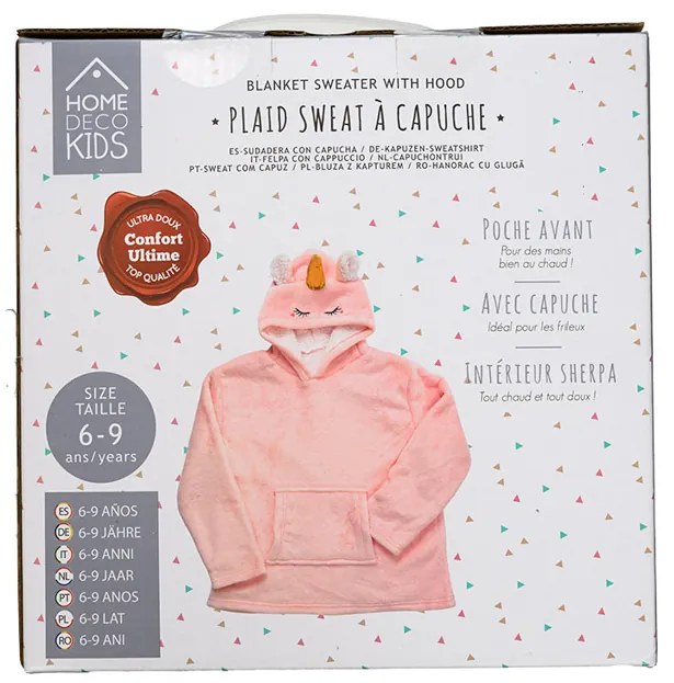 Dziecięcy koc bluza z rękawami i kapturem HOODIE UNICORN różowy