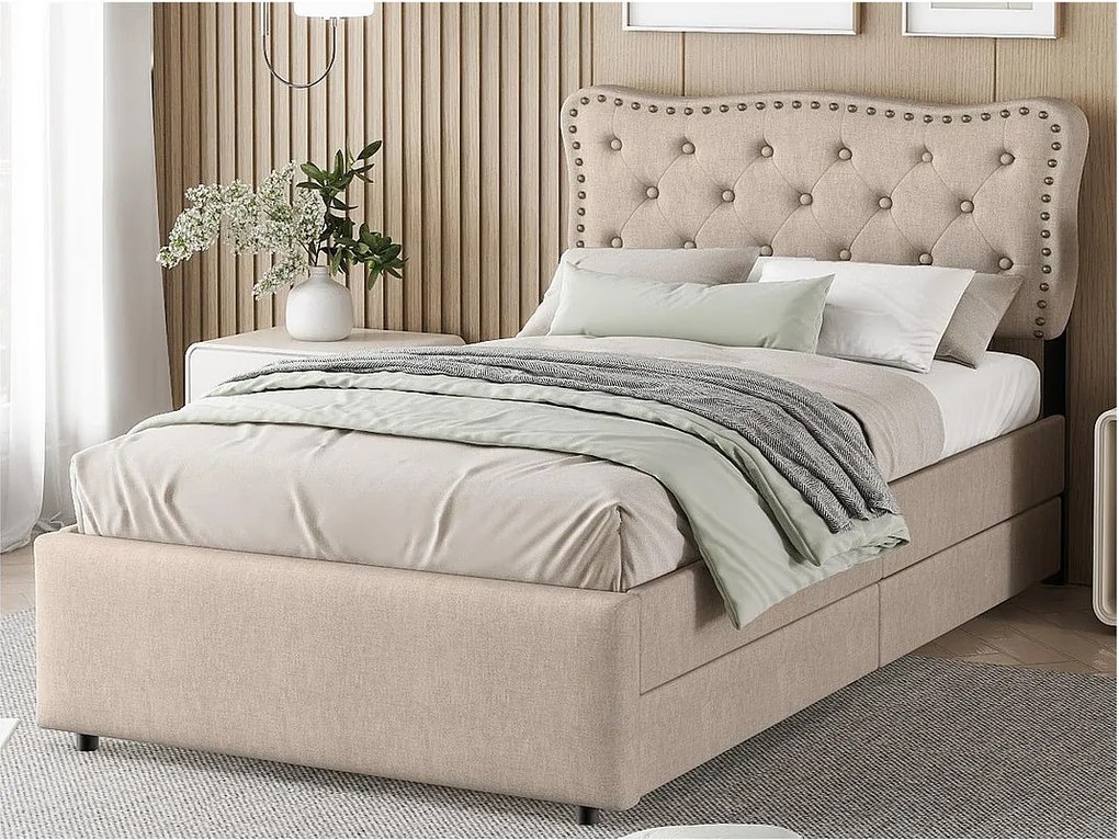 Łóżko tapicerowane z tkaniny lnianej z 2 szufladami - 90x200cm - wezgłowie ozdobione ćwiekami - Taupe