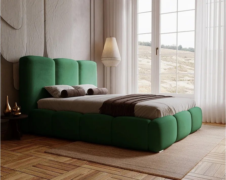 Emporius Merkad łóżko tapicerowane 140 x 200 cm - łóżko z pojemnikiem i stelażem do sypialni - gruba pianka, welur, łóżko zielone (Magic Velvet 2225)