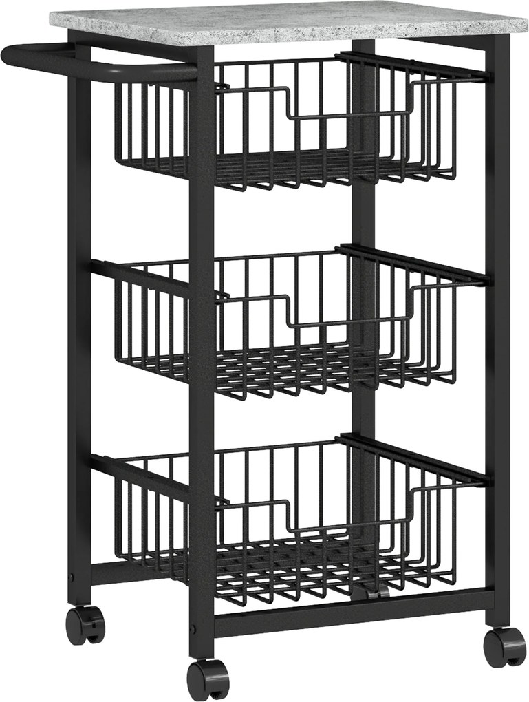 HOMCOM 3-poziomowy wózek kuchenny na kółkach, mobilny wózek do serwowania, wózek kuchenny z 3 stalowymi koszami, wózek do serwowania