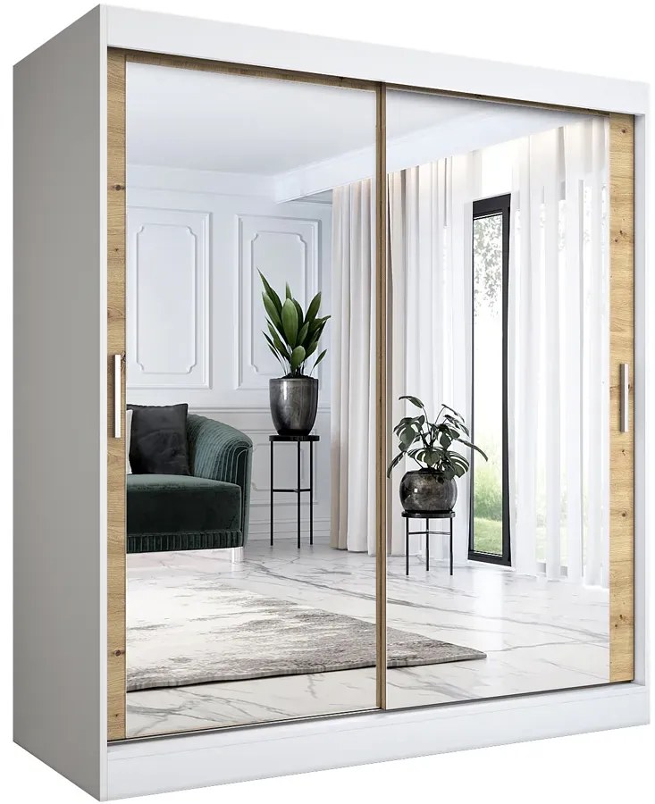 Szafa przesuwna z lustrem biel + dąb artisan180 cm - Kukkin 5X