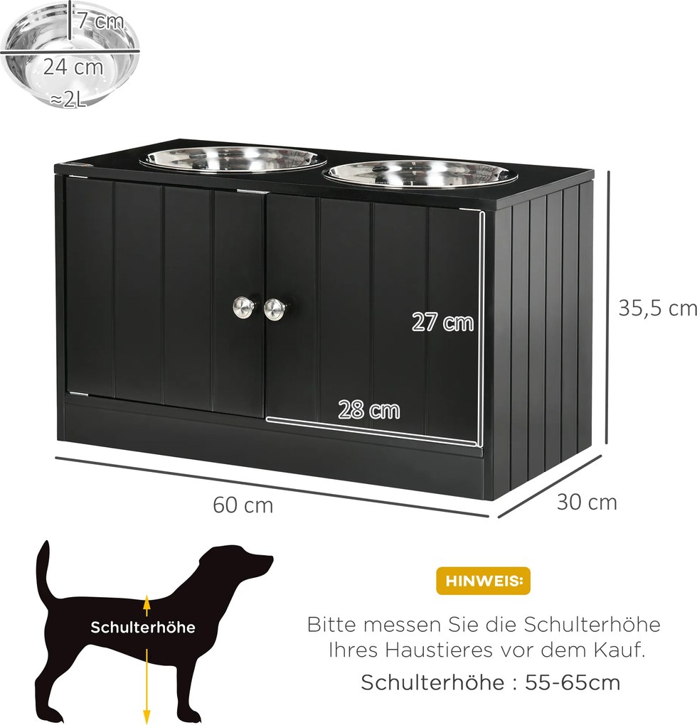 PawHut Podniesiona stacja żywieniowa z 2 miskami ze stali nierdzewnej i 44 L przestrzenią do przechowywania, Drzwi magnetyczne, Dla dużych psów, Czarny