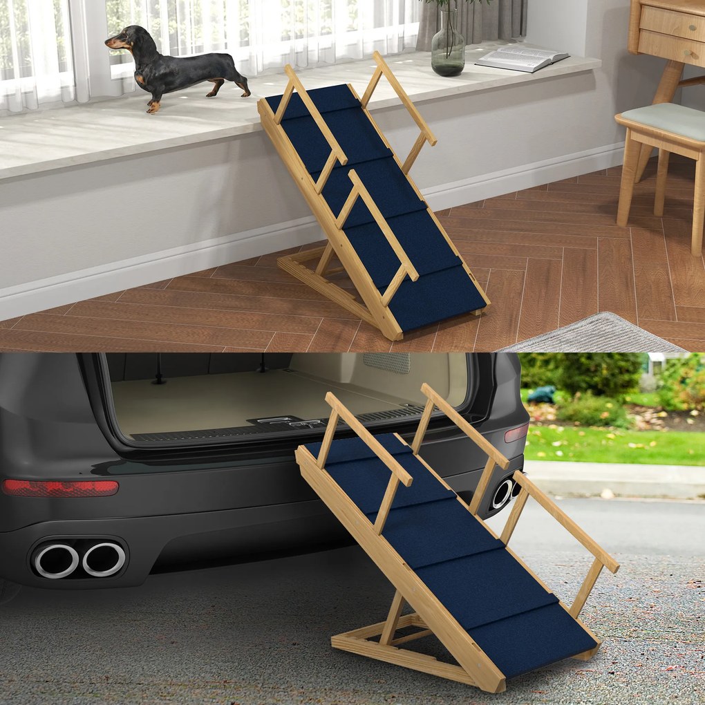 PawHut Rampa dla psów, regulowana wysokość, składana, poręcze, dla psów do 40kg, ramka z drewna, 85 x 40 x 78,5 cm, Czarny