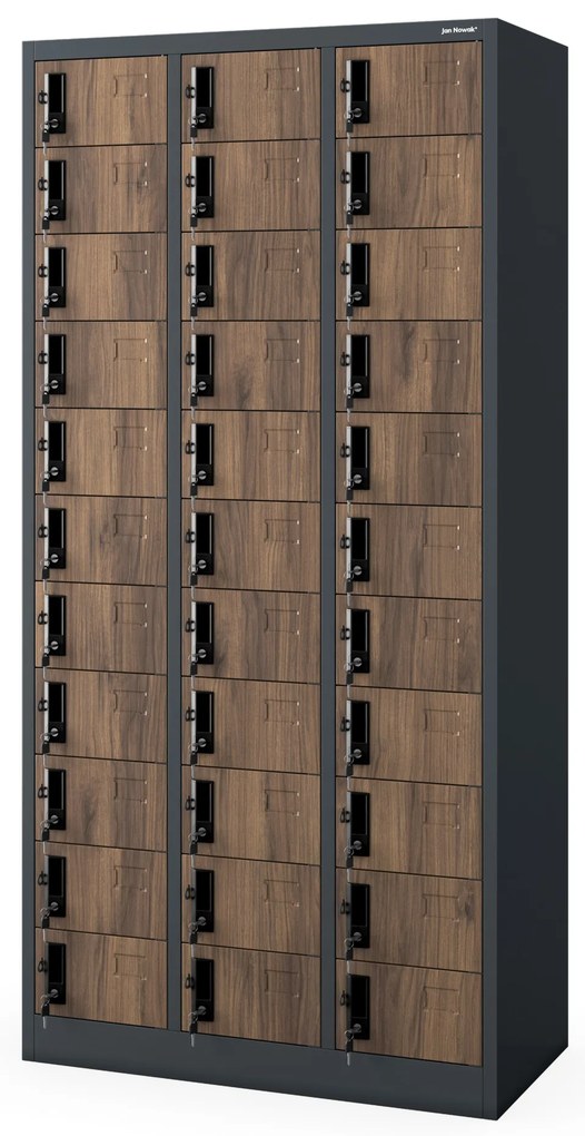 Szafka skrytkowa depozytowa 33-skrytkowa antracytowa/orzech, 900x1850x450 mm: OLIVER Eco Design