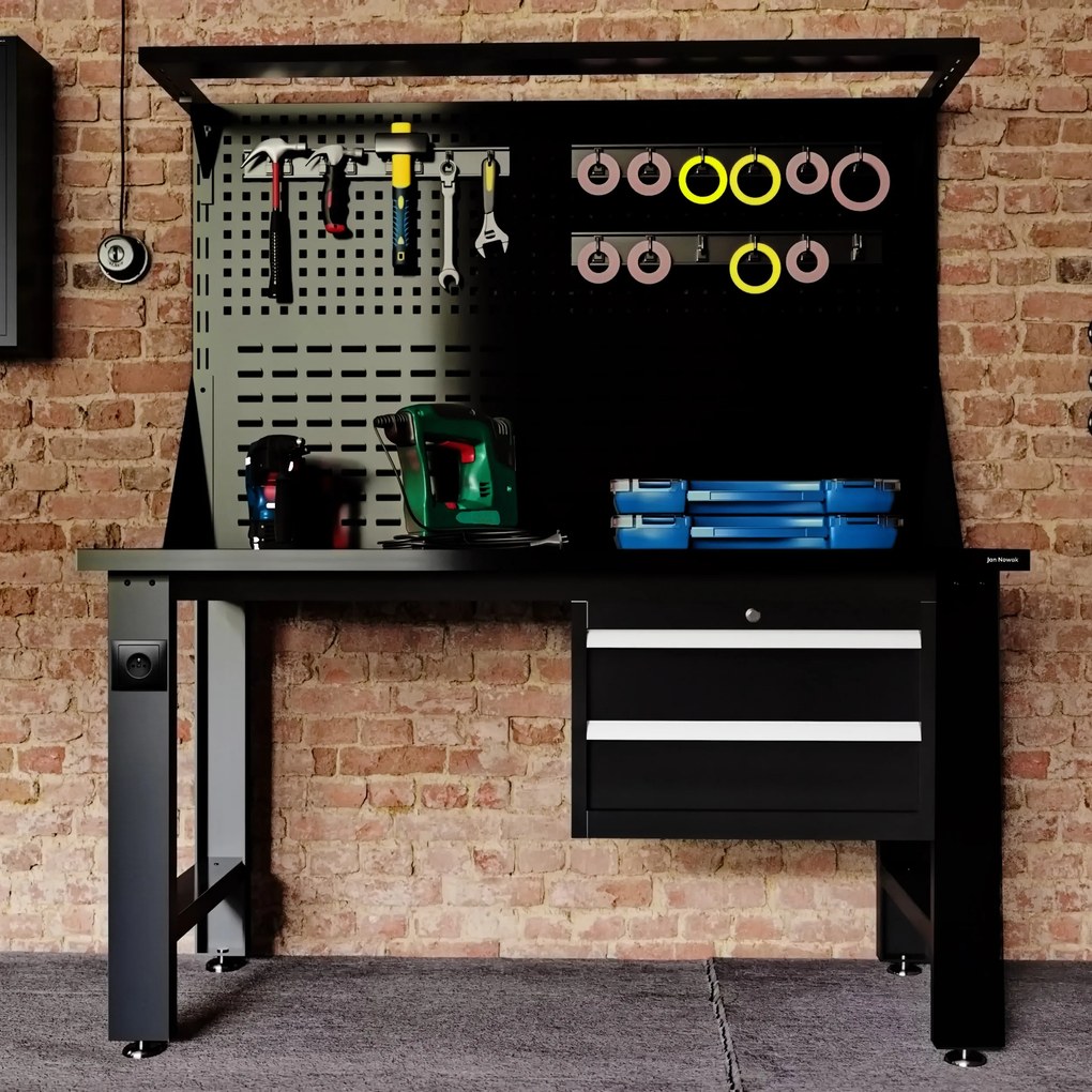 Biurko warsztatowe z perforowaną tablicą czarne, 1500x1700x750 mm: LOGAN All Black