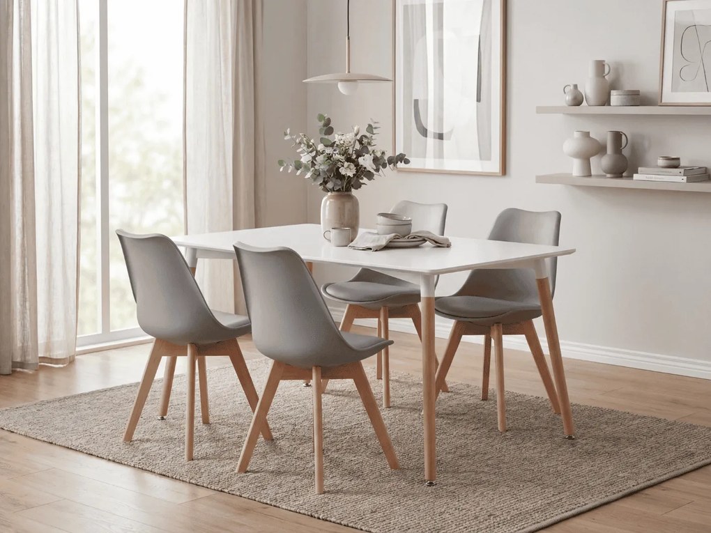 Zestaw jadalniany 1 + 4, biały stół ADRIA 120x80 cm + jasnoszare krzesło BALI MARK z bukowymi nogami