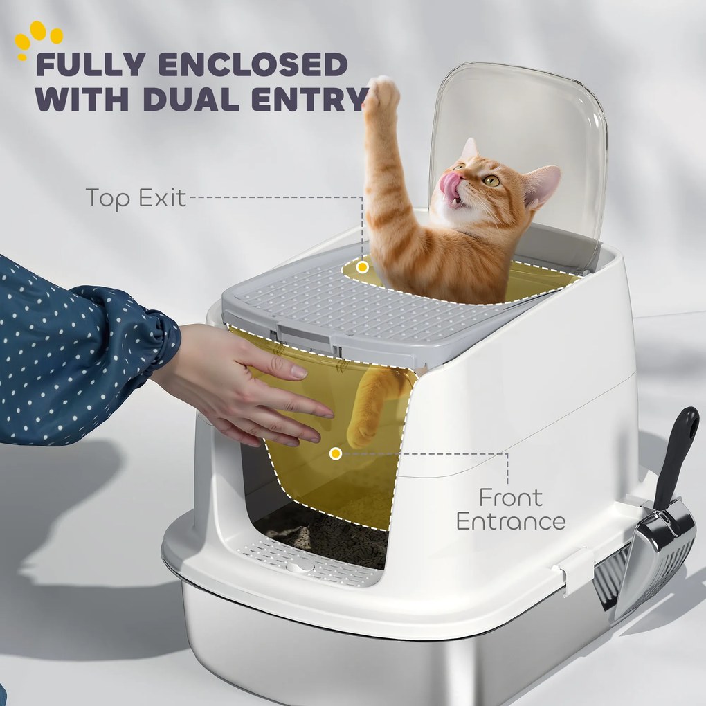 PawHut Toaleta dla kotów ze stali nierdzewnej, zamknięta toaleta z szufelką i workiem na zapachy, z wejściem i wyjściem