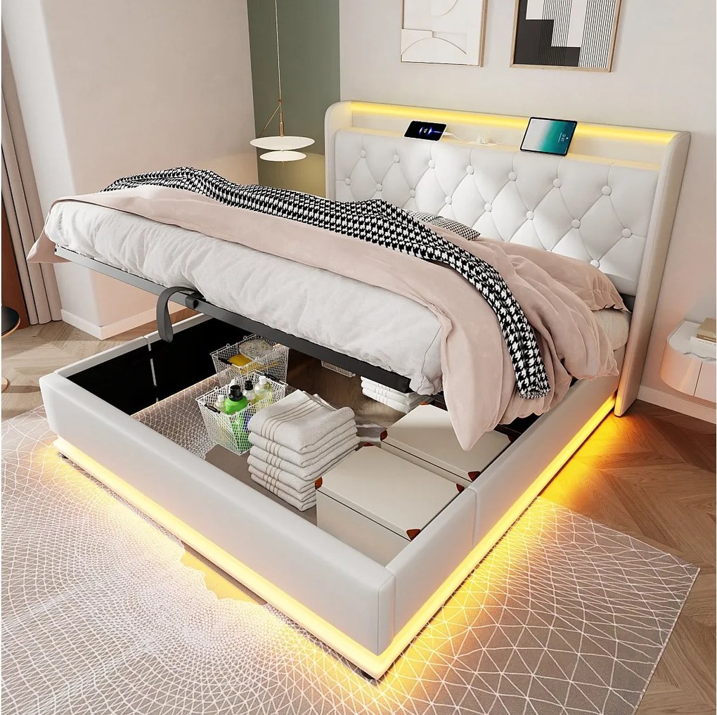 Łóżko z pojemnikiem 180x200 cm, łóżko podwójne z oświetleniem LED i portem USB typu C - białe PU (bez materaca)