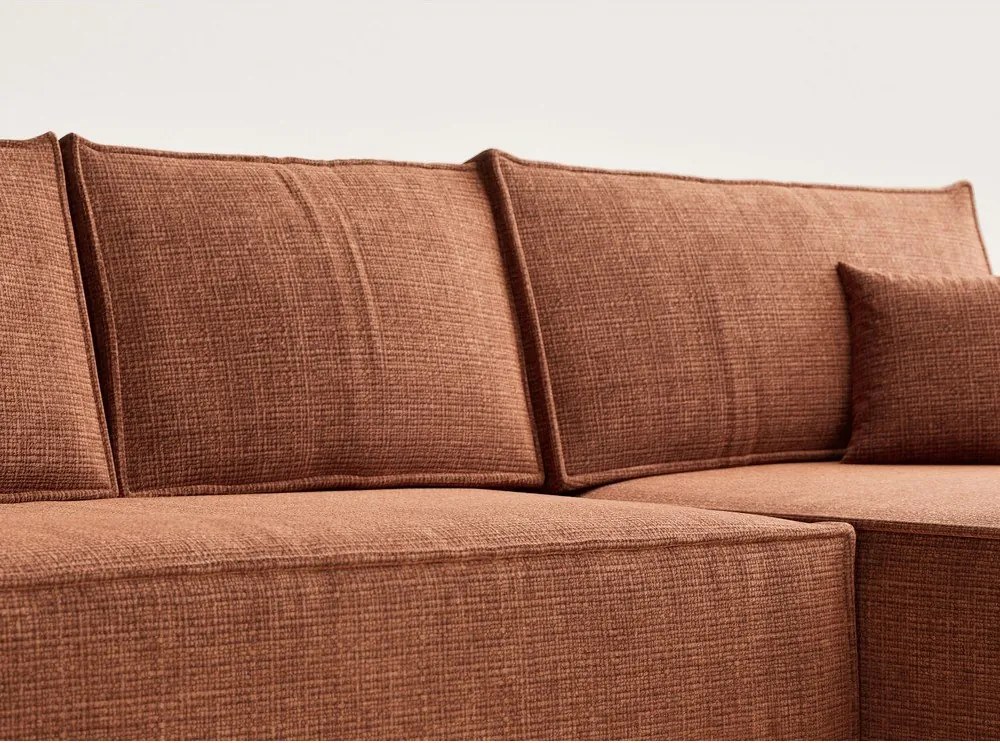 Rozkładany narożnik ze schowkiem z tkaniny szenilowej (prawostronny/z szezlongiem) w kolorze miedzi Maze – Maison de Rêve