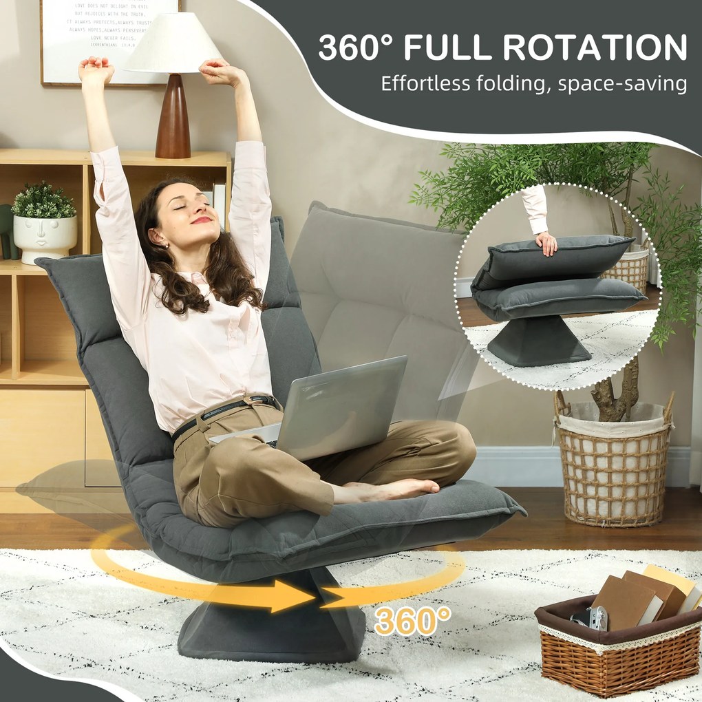 HOMCOM Krzesło podłogowe z pięciostopniową regulacją oparcia, obrotowe, nowoczesne krzesło tapicerowane, Ciemnoszary
