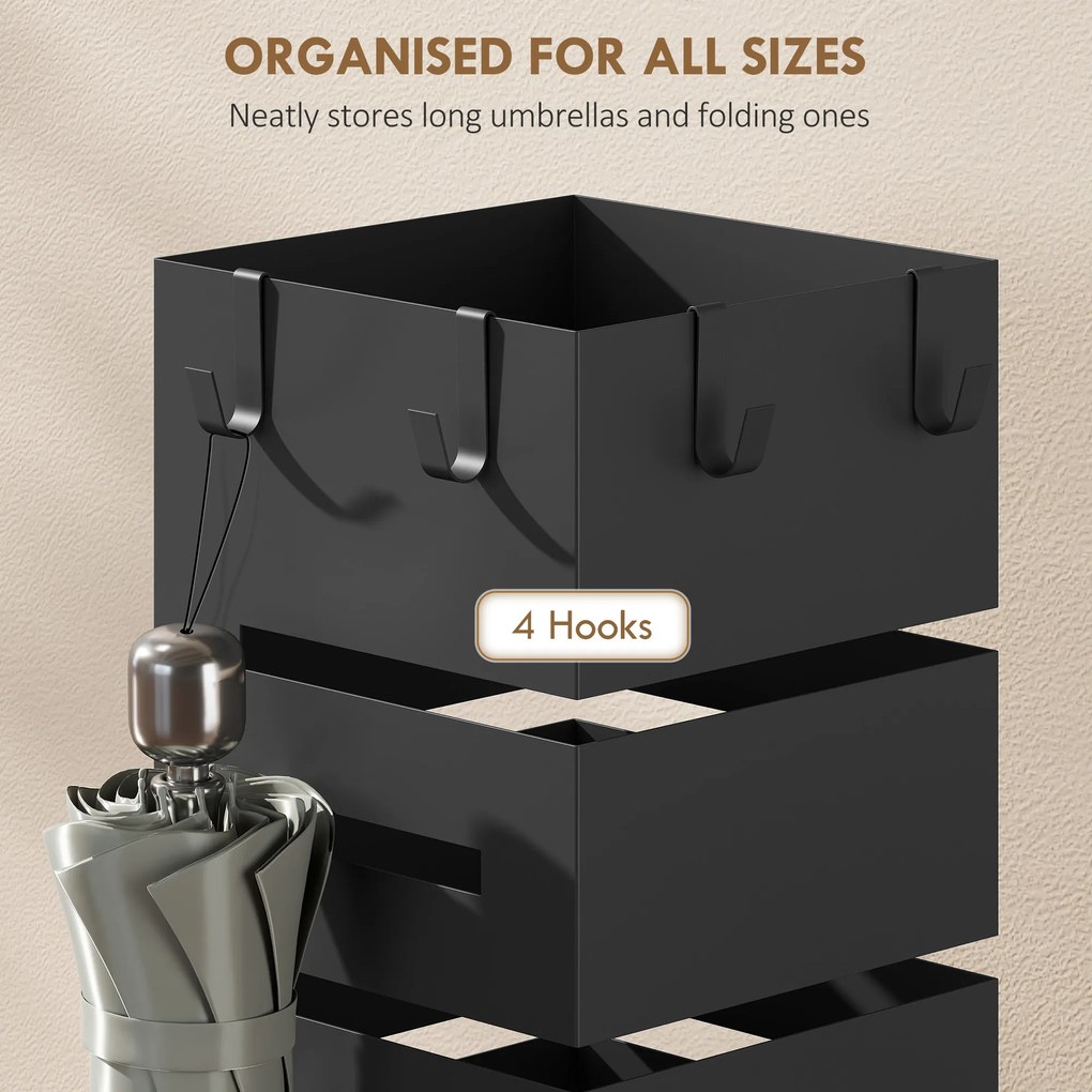 HOMCOM Stojak na parasole, metalowy stojak na parasole, wolnostojący stojak z haczykami i tacką ociekową, miejsce na 8 parasoli, czarny | Aosom PL