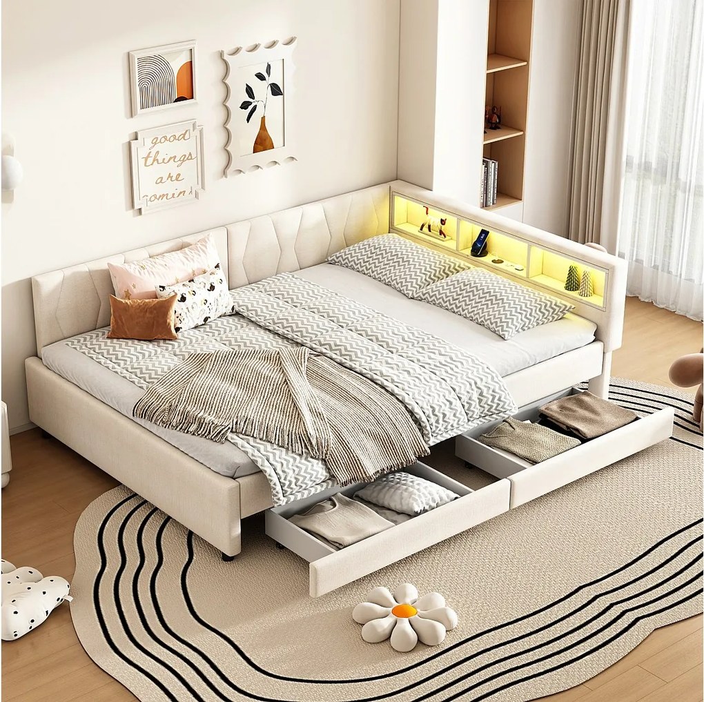 Sofa rozkładana 140x200 cm, beżowy len, łóżko dla dorosłych, oświetlenie LED, 2 szuflady, port USB – materac nie jest wliczony w cenę