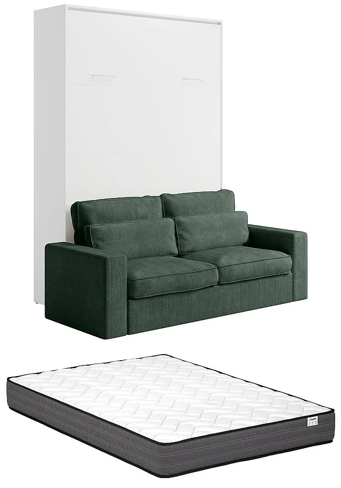 Łóżko chowane szafie 140 x 200 cm - Ręczne otwieranie pionowe - Białe + Materac + Zielona kanapa - BEGANIO