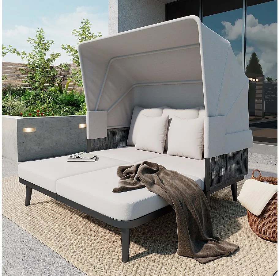 Leżak - Zestaw ogrodowy - kanapa ogrodowa - ze stali ocynkowanej - 2 miejsca - z regulowanym daszkiem - Szary