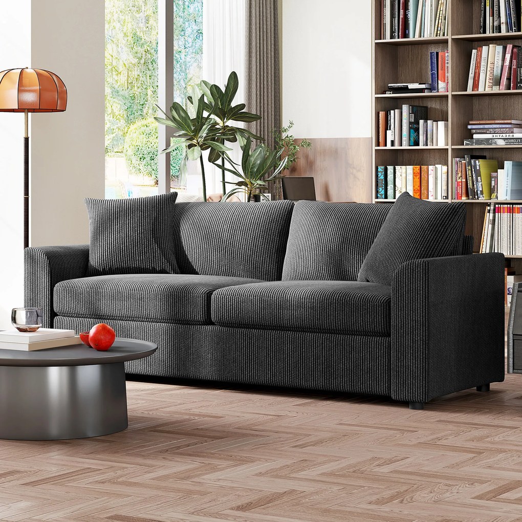 HOMCOM Sofa 3-osobowa z poduszkami ozdobnymi, sofa ze sztruksu do salonu, sypialni, szer. 212 cm, ciemnoszary | Aosom PL