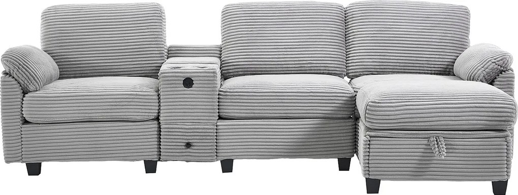 Sofa 3-osobowa, sofa sztruksowa z pufem i szufladami, 2 uchwytami na kubki i portem USB - jasnoszara