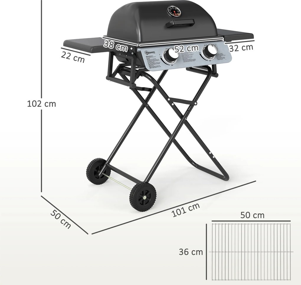 Outsunny Grill gazowy 5,6 KW z wózkiem wliczając 2 palniki ze stali nierdzewnej, składane boczne półki, kółka 101 x 50 x 102 cm Czarny