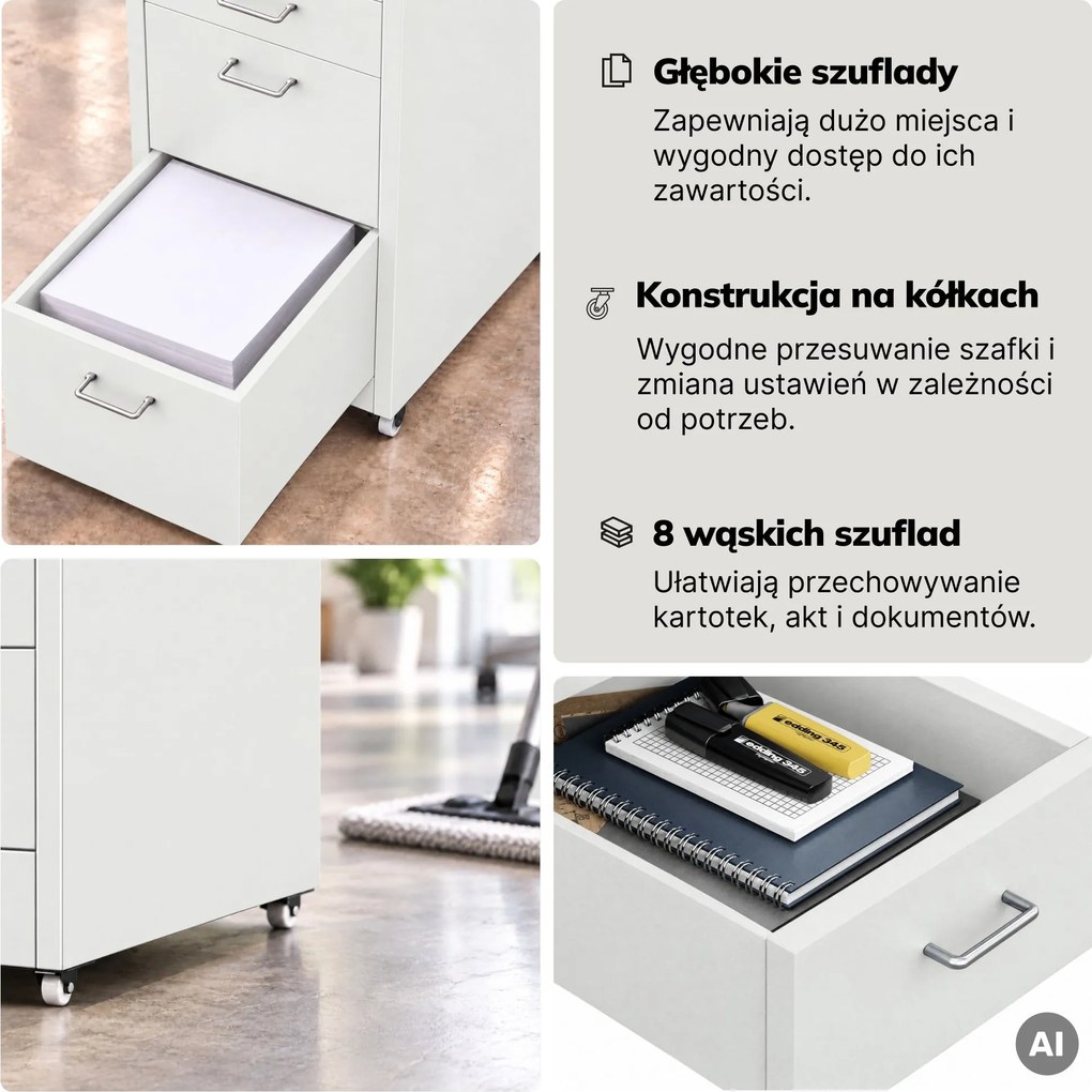 Szafka kartotekowa na kółkach, metalowa, 8 szuflad, na dokumenty, biała, 300x1100x600 mm: SARA V8