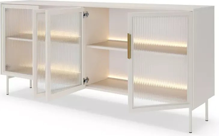 Komoda Minal 4D – czterodrzwiowa przeszklona komoda z półkami i podświetleniem LED, w kolorze kaszmir lub dąb dunin