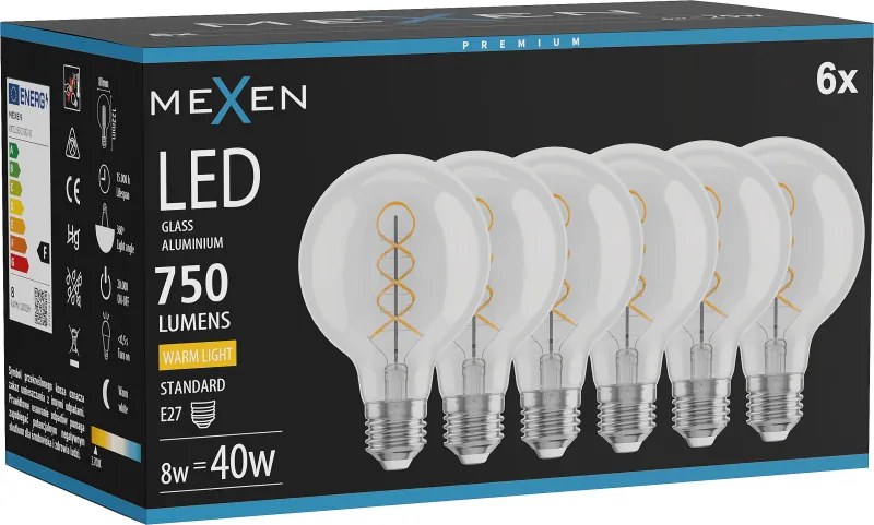 Mexen Vintis 6x żarówka filament spirala LED E27, G80, 8W, Ciepła - 2700K, 750 lm, clear - L165-E27-0827-00x06