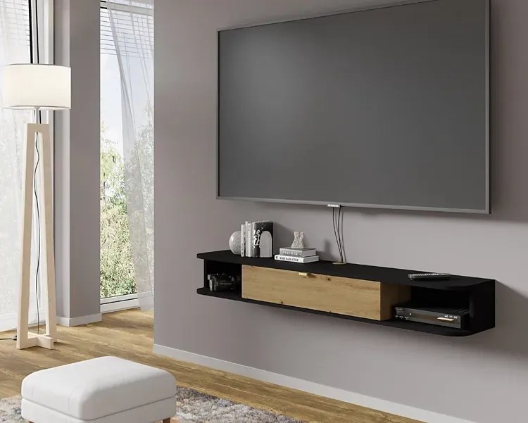 Podwieszana szafka rtv czarny + dąb artisan R7-M52