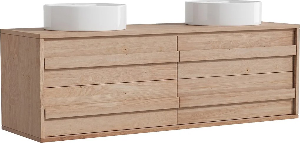 Szafka łazienkowa podwieszana  z litego dębu z okrągłą umywalką nablatową - Jasny naturalny - 150 cm - SARLO