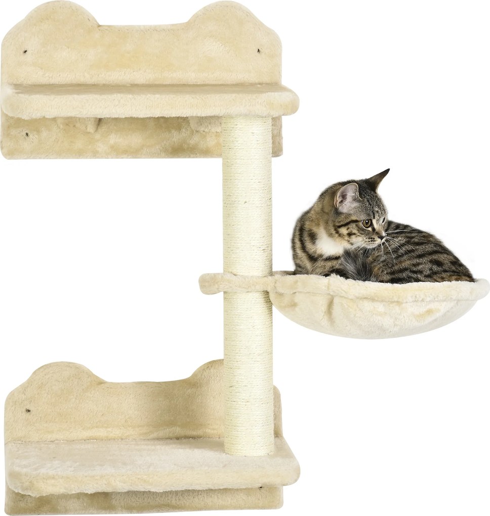 PawHut Schody dla Kota 4w1 Zestaw Wspinaczkowy Beżowo-Kremowy z Drapakiem i Hamakiem 40x28x73cm | Aosom PL