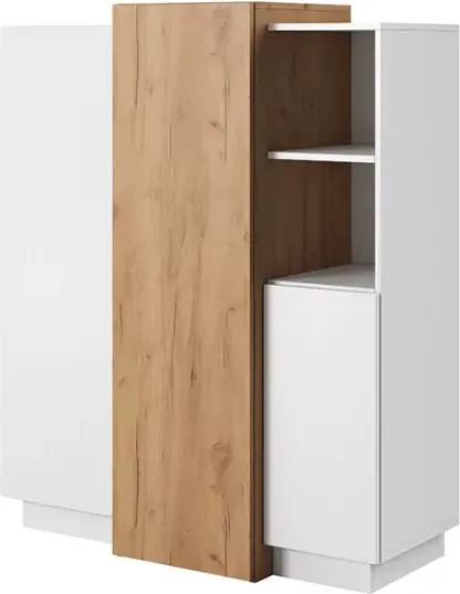 Komoda Volio z trzema drzwiami i dwiema otwartymi półkami w kolorze biel + dąb craft