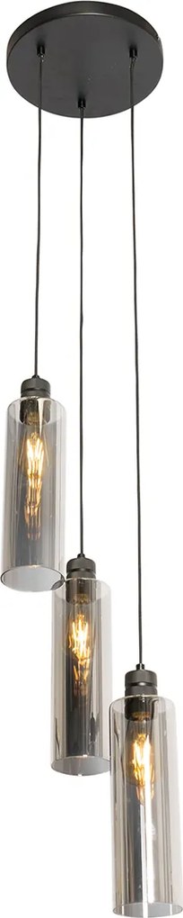 Nowoczesna lampa wisząca czarna z dymionym szkłem 3-światłowa - Stavelot