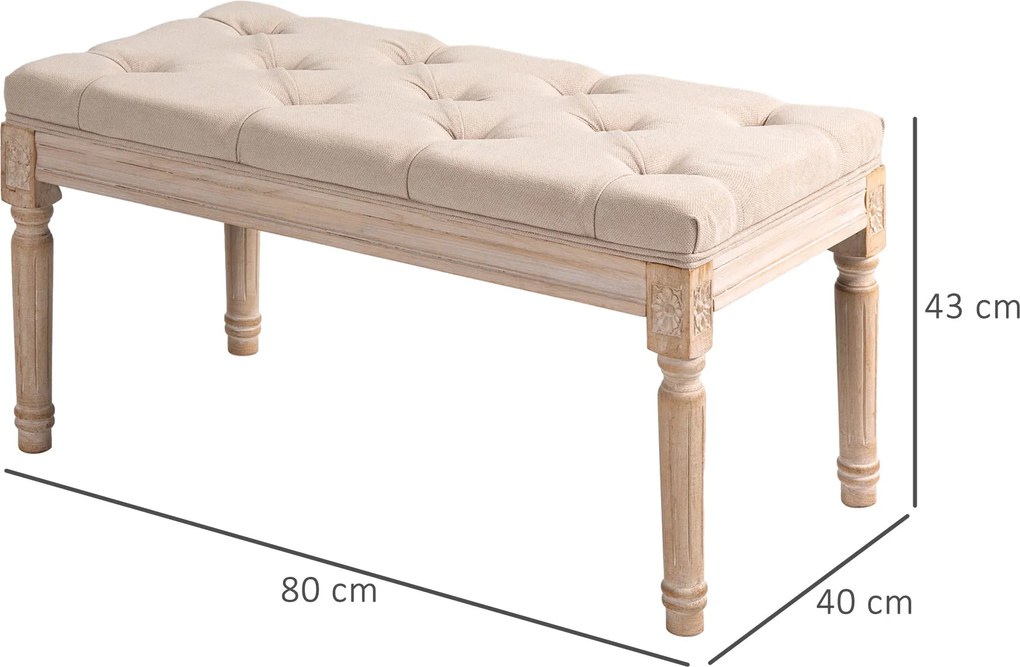 HOMCOM Pufa Tapicerowana Vintage 80x40x43cm Beżowa z Guzikami Wykończenie Lniane Wytrzymała do 120kg do Sypialni | Aosom PL