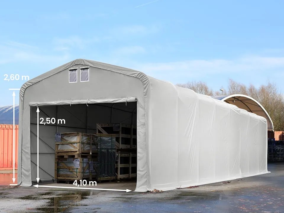 TOOLPORT 5x16m Hala namiotowa - 2,6 m wysokość ścian bocznych z 4,1x2,5m brama, PVC 850, szary, ze statyką (podłoże gruntowe) - (438190)