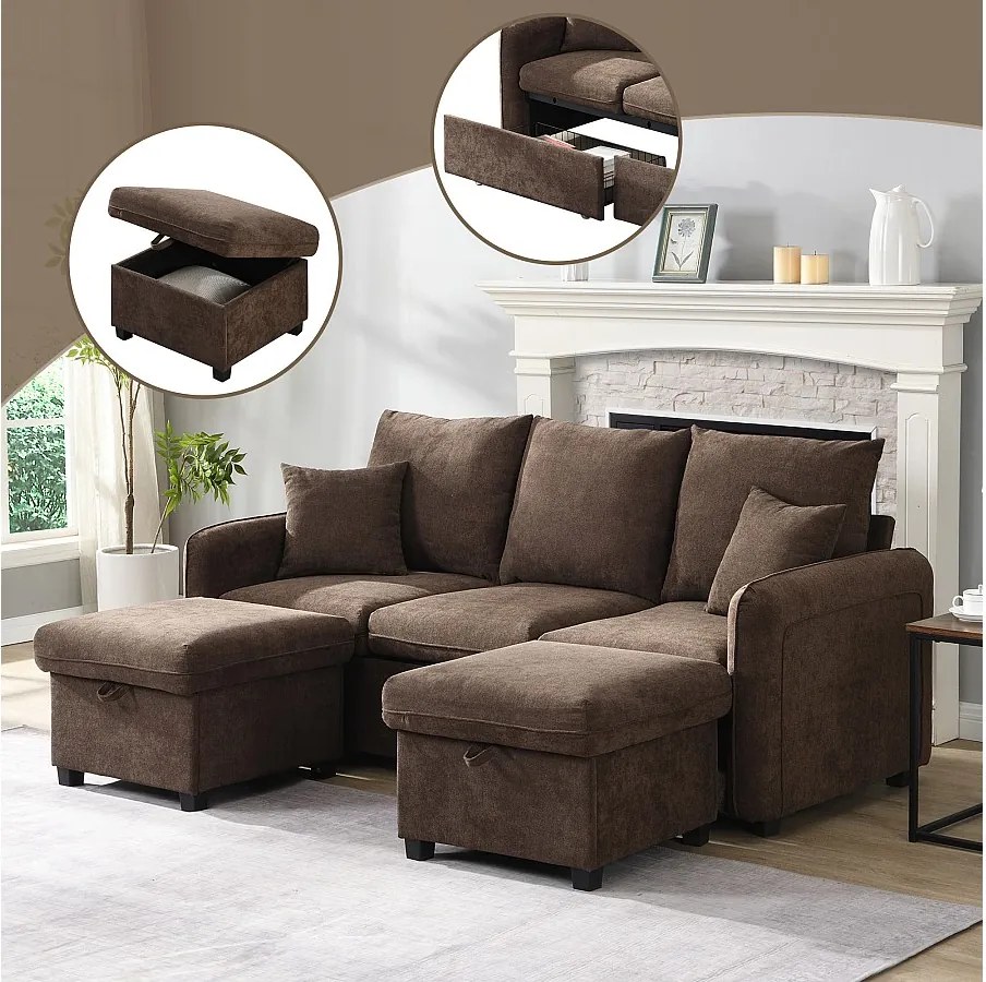 Sofa narożna tapicerowana - 188 x 82 x 86 cm - 3-osobowa - 2 podnóżki ze schowkiem + 2 szuflady - aksamit - brąz
